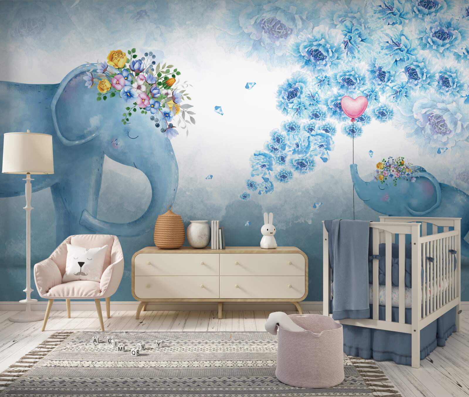 Papier peint petits éléphants avec des fleurs