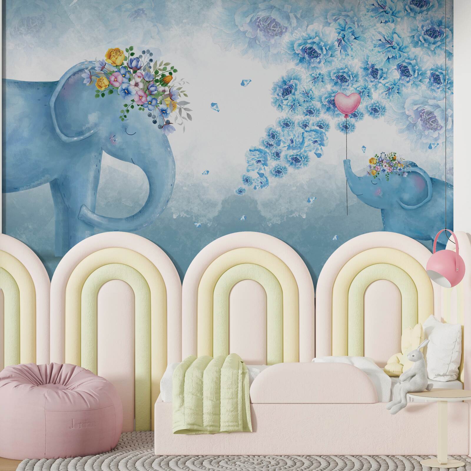 Papier peint petits éléphants avec des fleurs