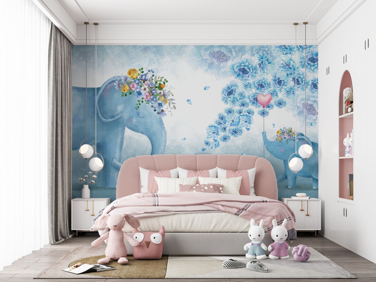 Papier peint petits éléphants avec des fleurs