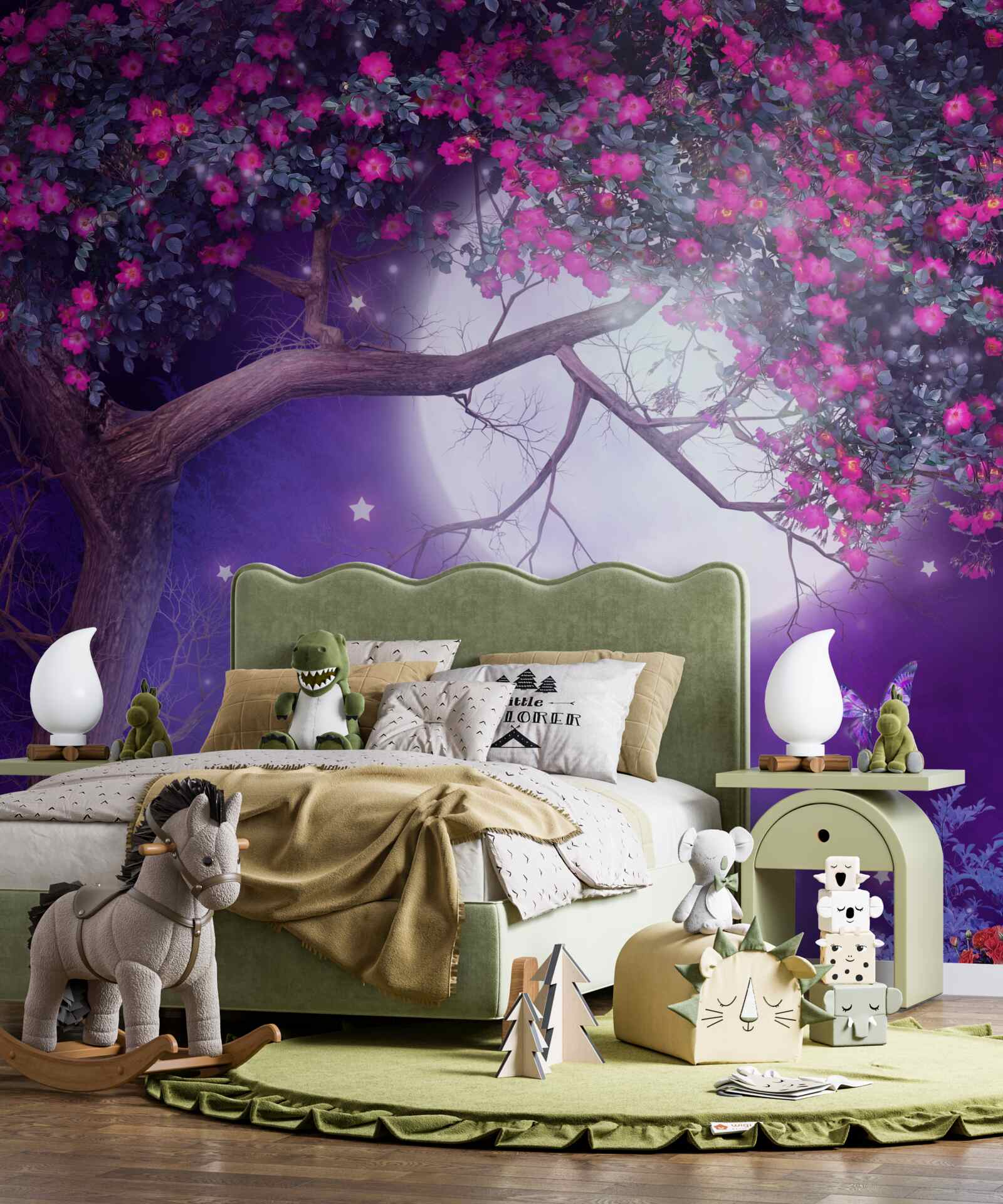 Papier peint la lune est en pleine lumière et l'arbre est en fleur