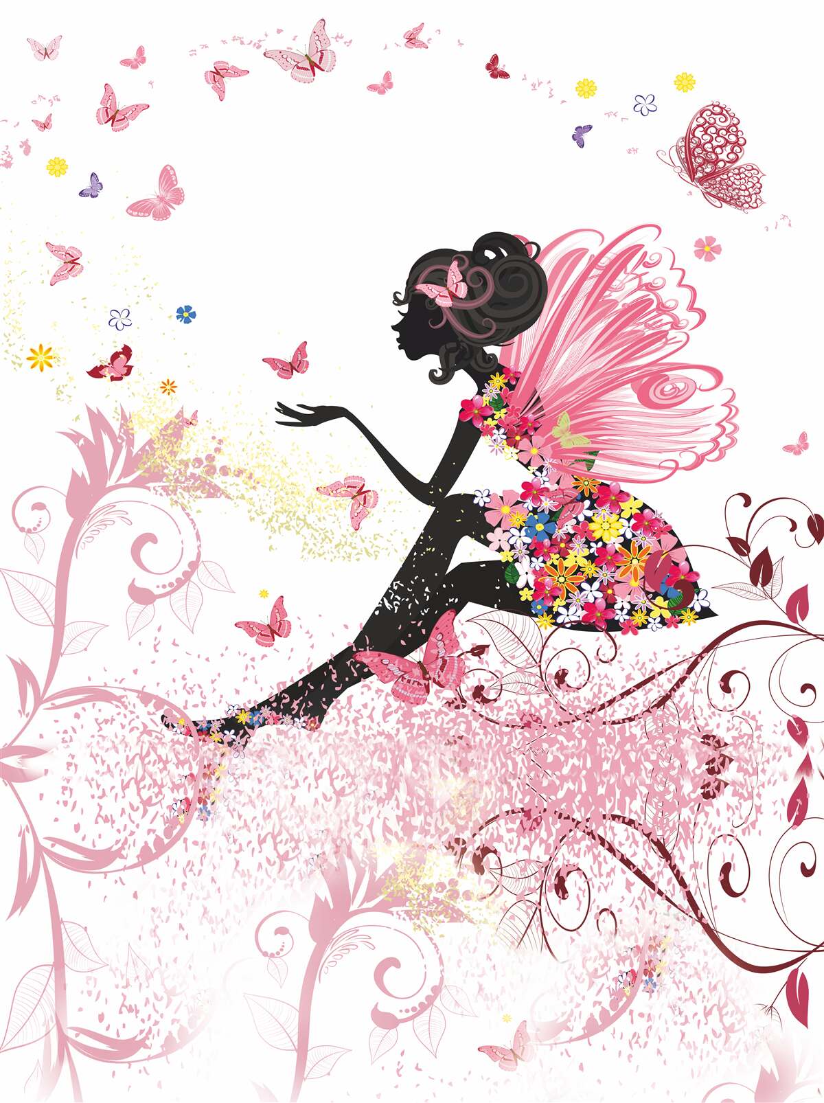 Papier peint image d'une fille entourée de papillons et de fleurs