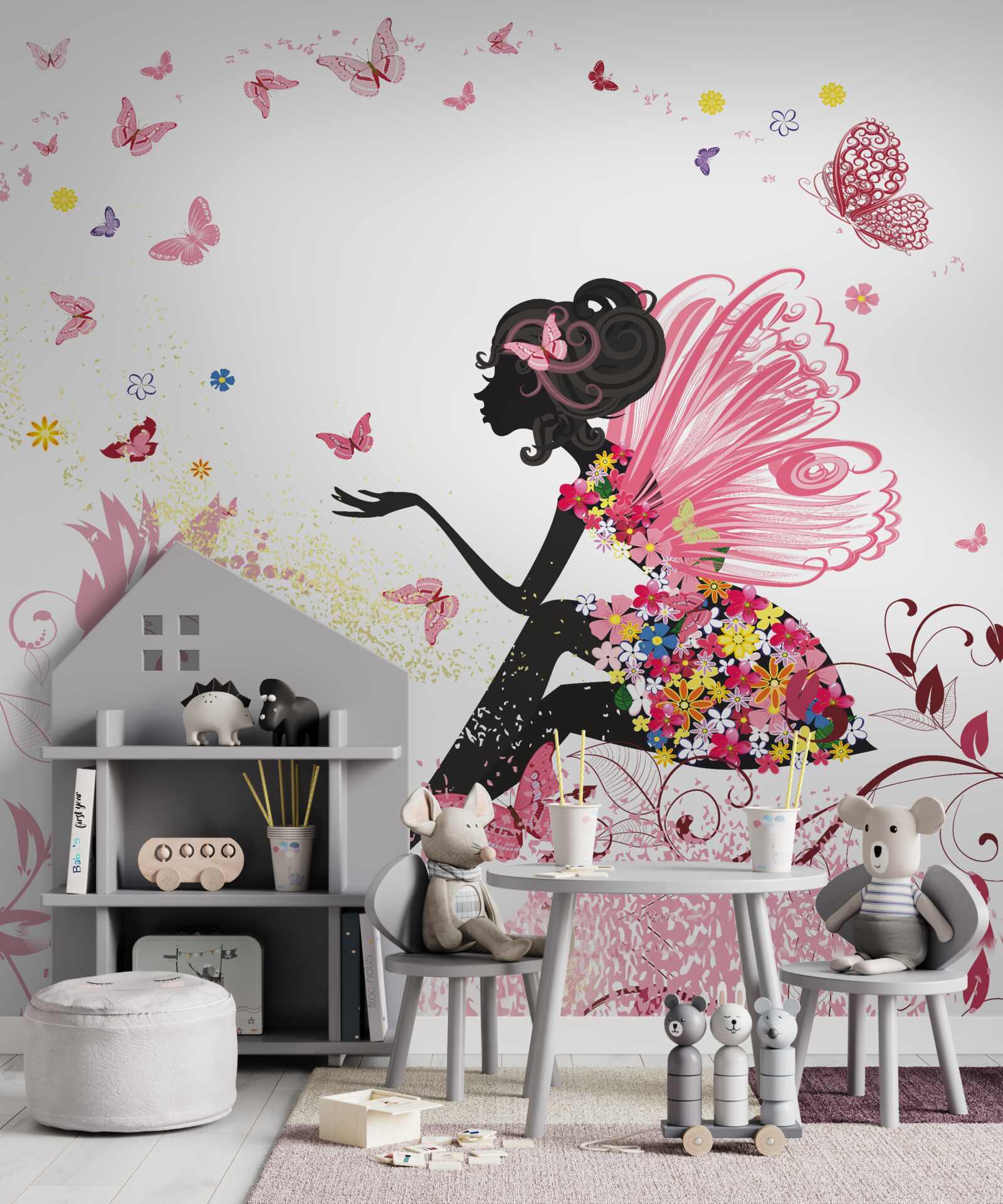 Papier peint image d'une fille entourée de papillons et de fleurs