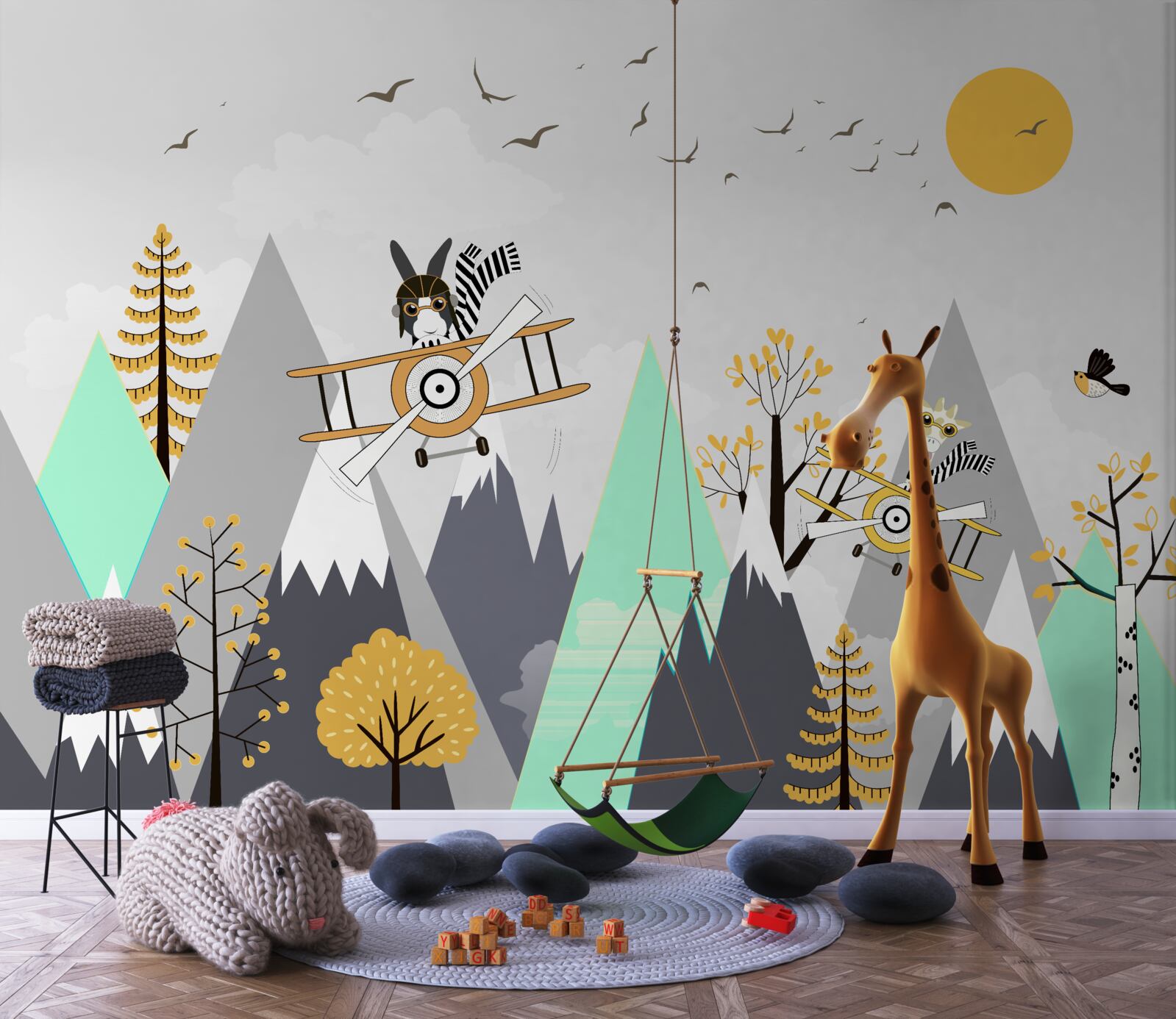 Papier peint les animaux tournent en rond au-dessus des montagnes