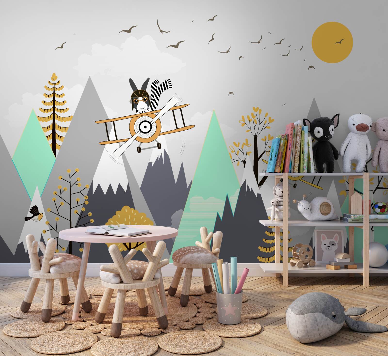 Papier peint les animaux tournent en rond au-dessus des montagnes