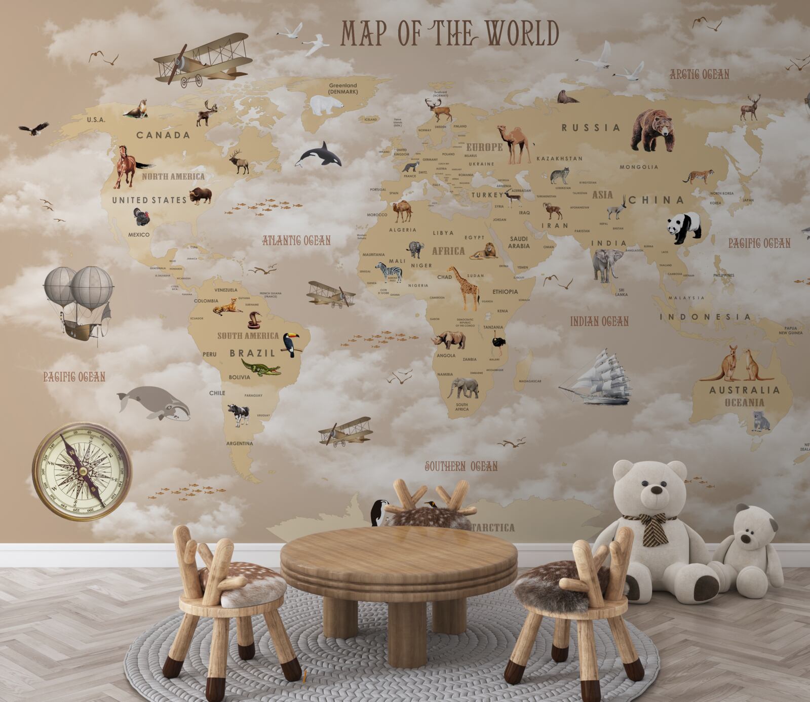 Papier peint carte du monde en nuances de brun