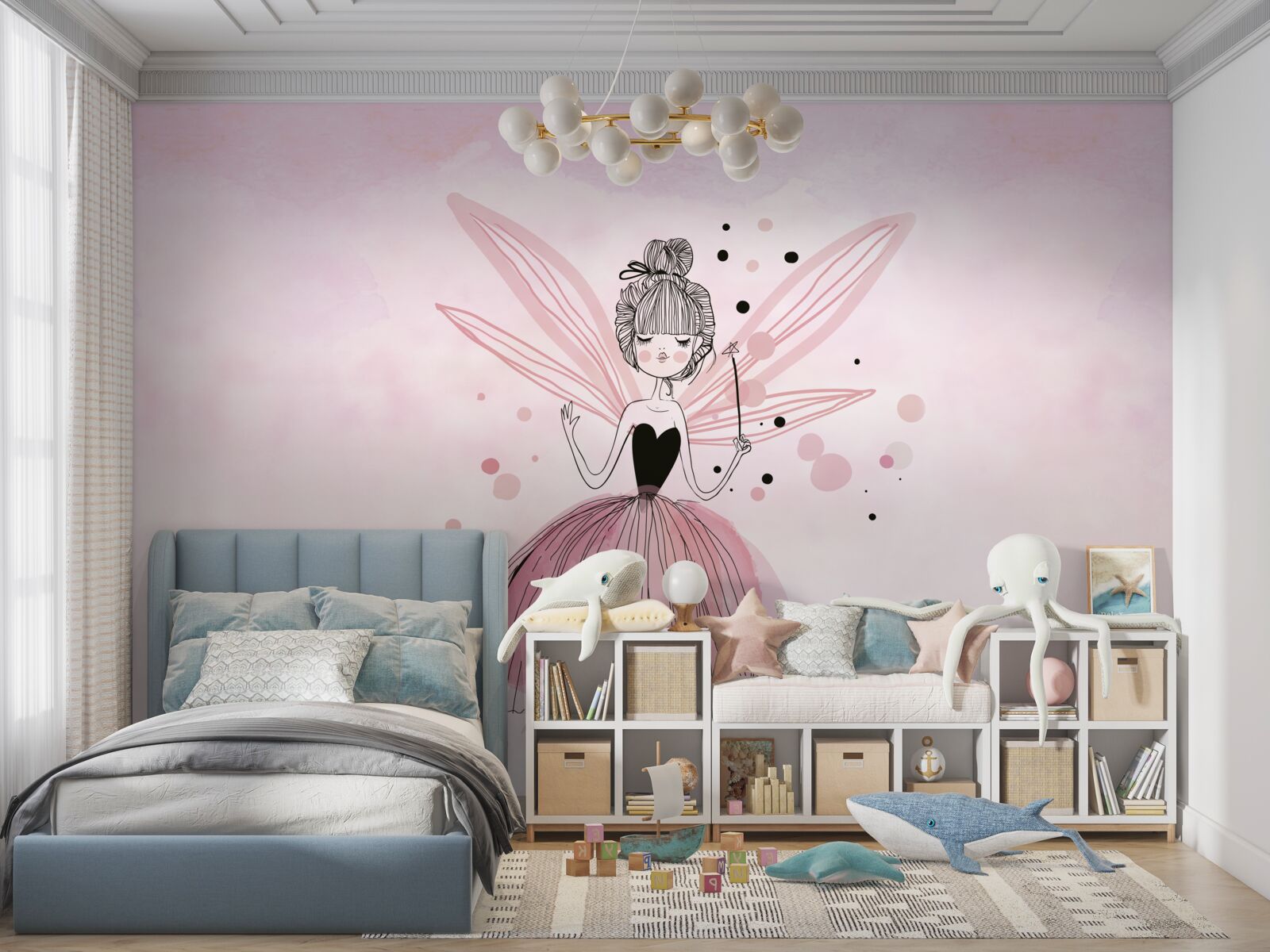 Papier peint fée sur fond rose