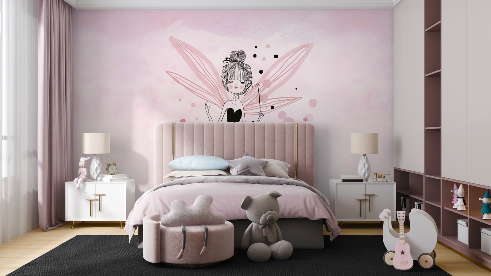 Papier peint fée sur fond rose