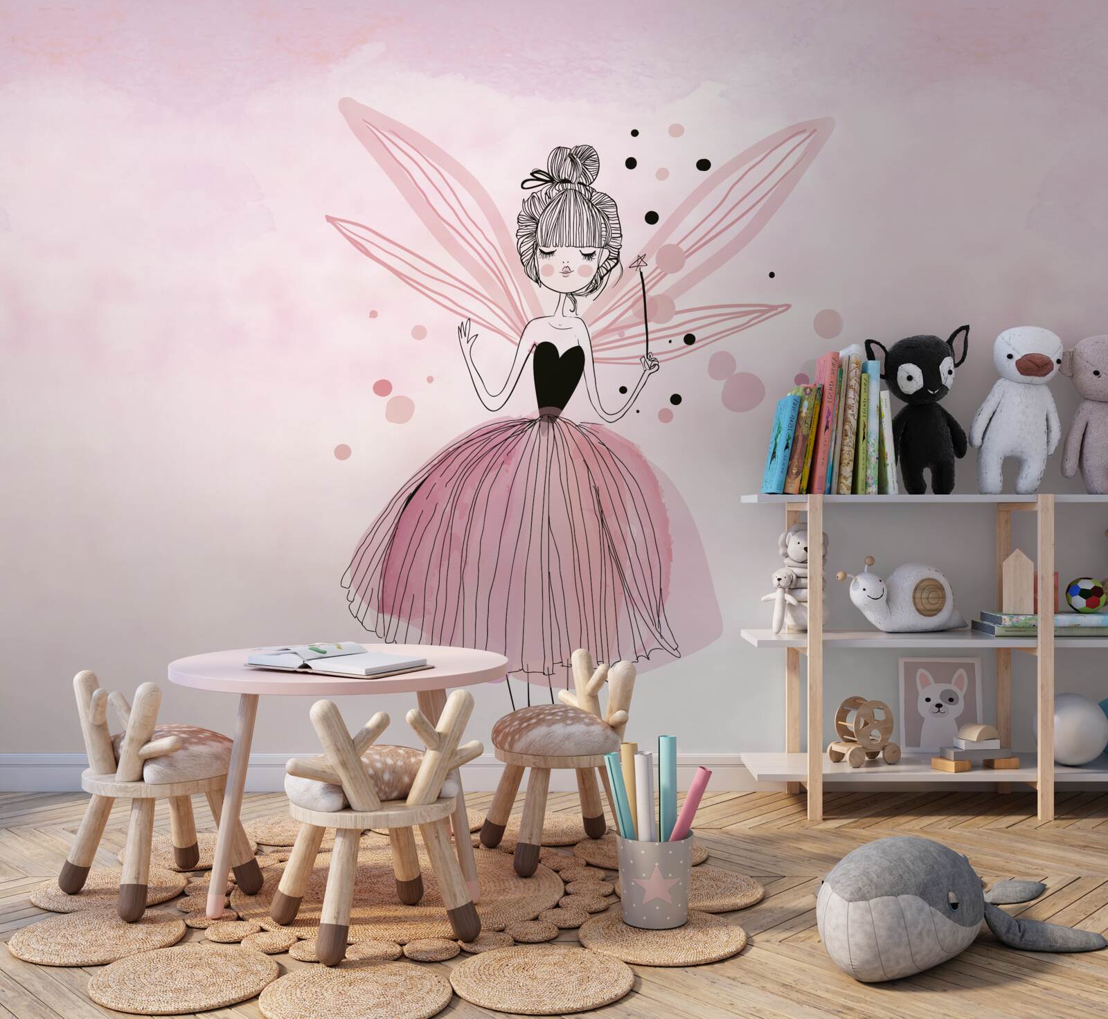 Papier peint fée sur fond rose