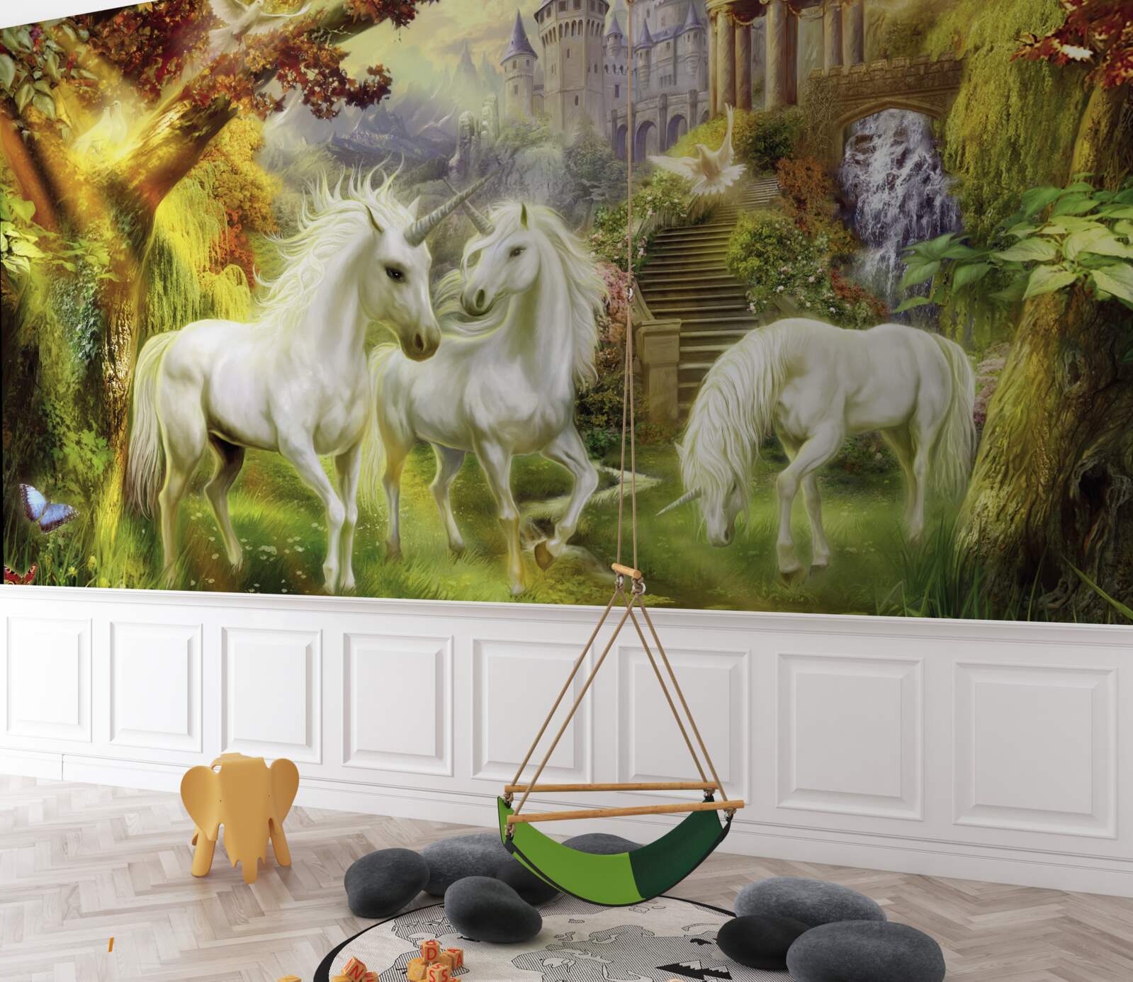 Papier peint Les licornes sont d'un blanc pur dans la forêt près du château.