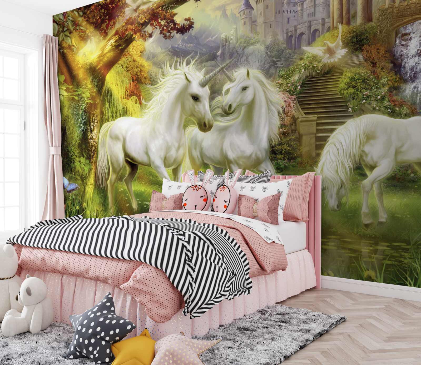 Papier peint Les licornes sont d'un blanc pur dans la forêt près du château.