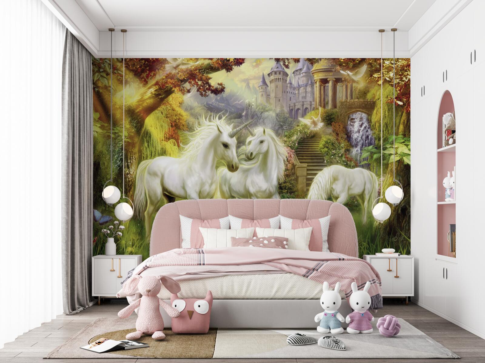 Papier peint Les licornes sont d'un blanc pur dans la forêt près du château.