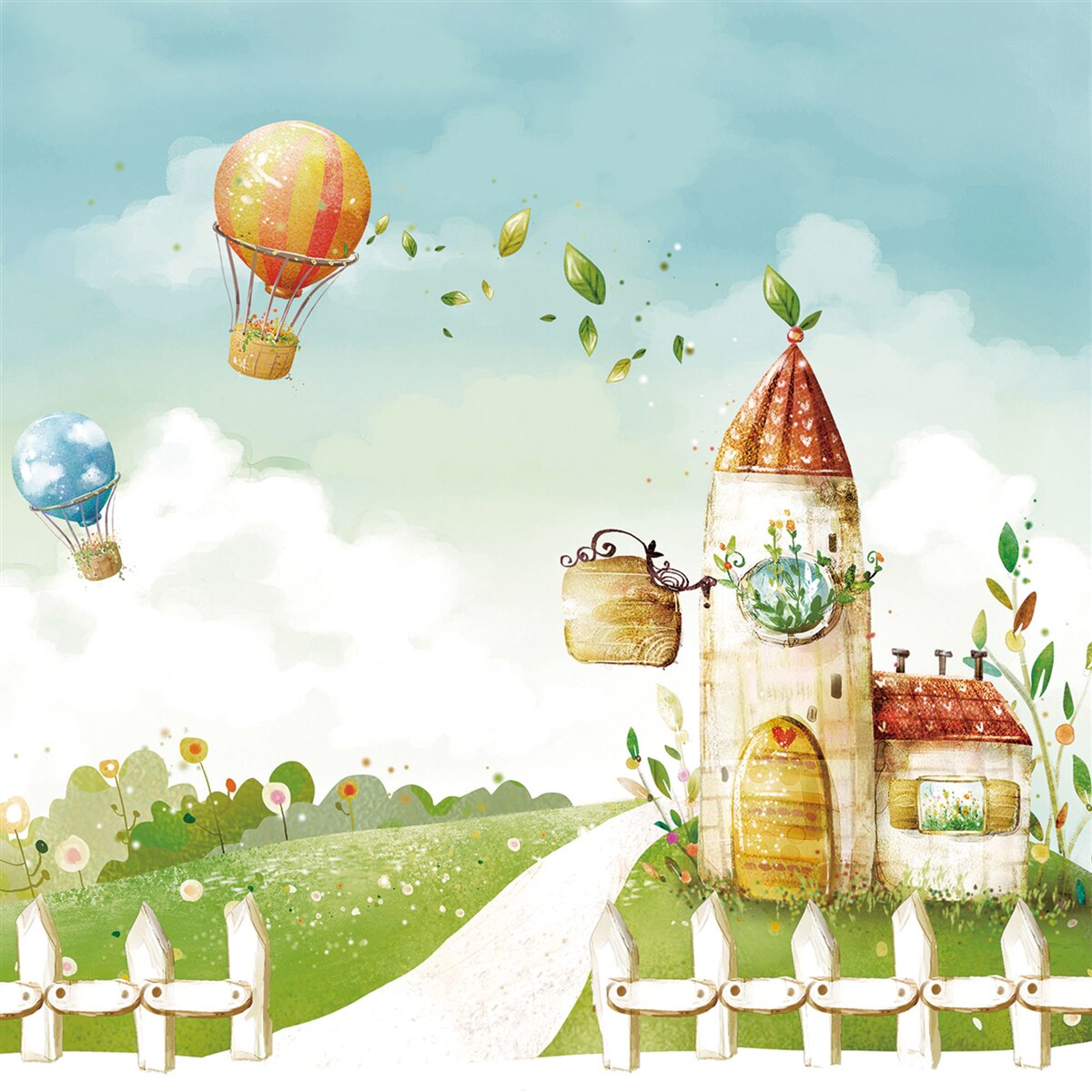 Papier peint de nombreuses montgolfières survolent une maison de campagne