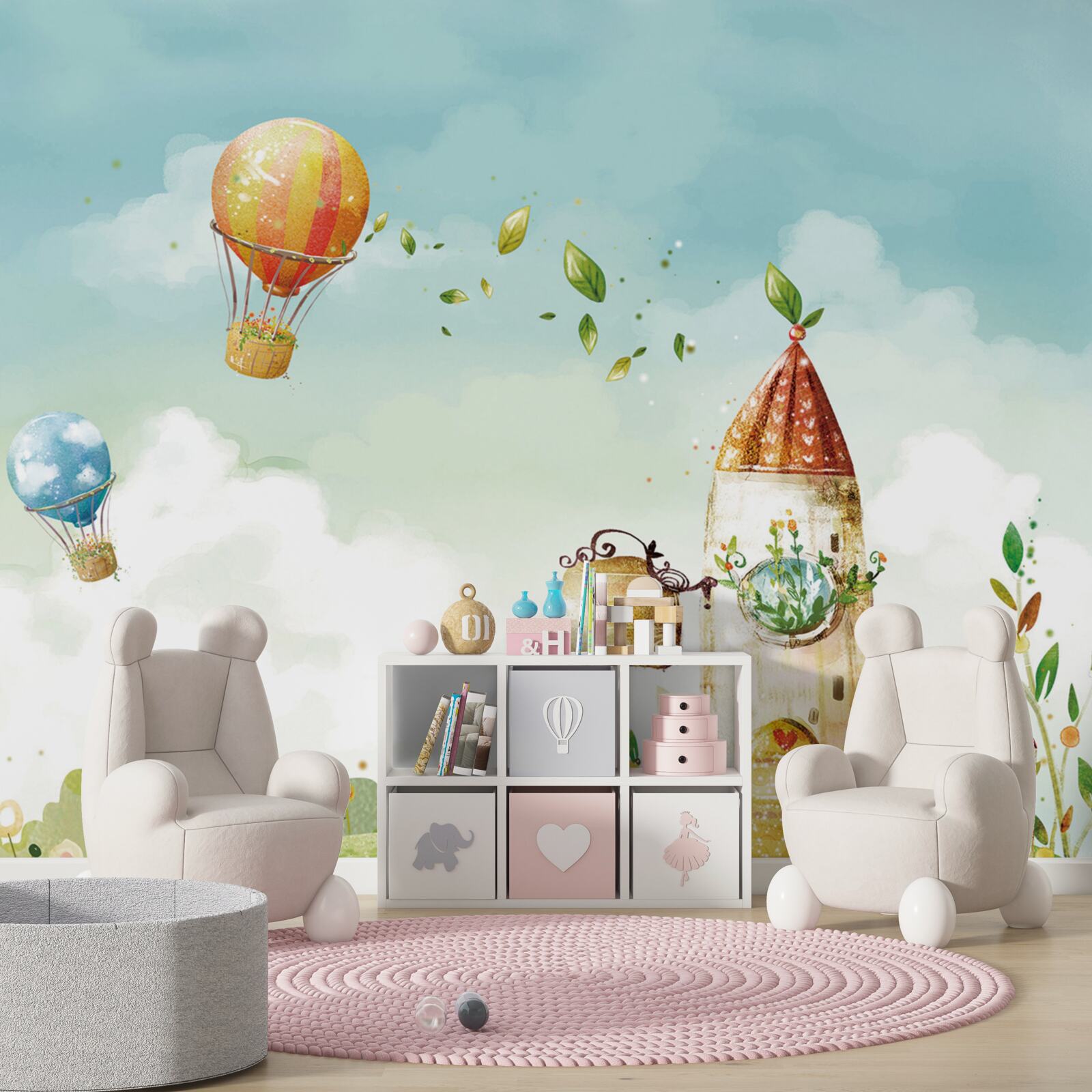 Papier peint de nombreuses montgolfières survolent une maison de campagne