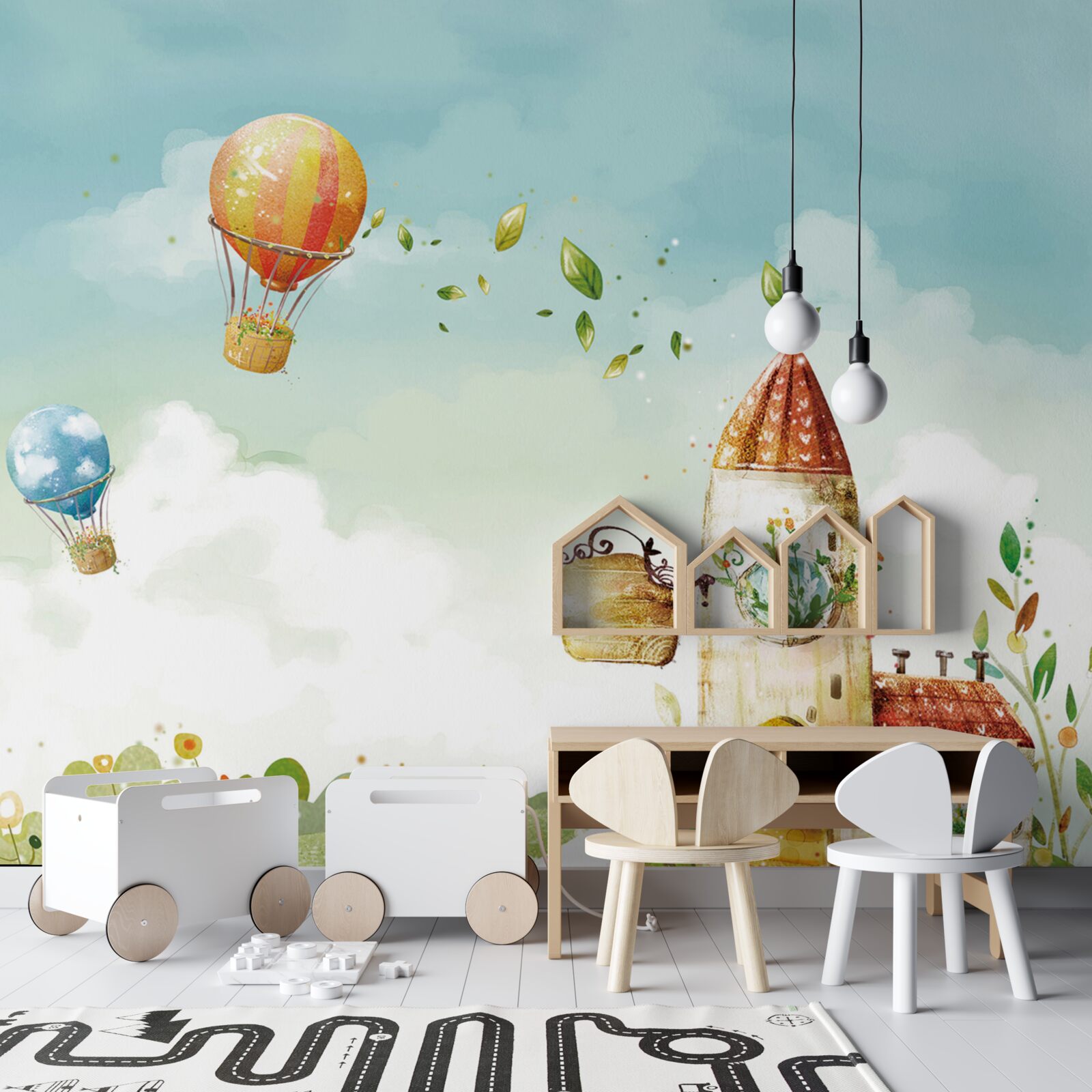 Papier peint de nombreuses montgolfières survolent une maison de campagne