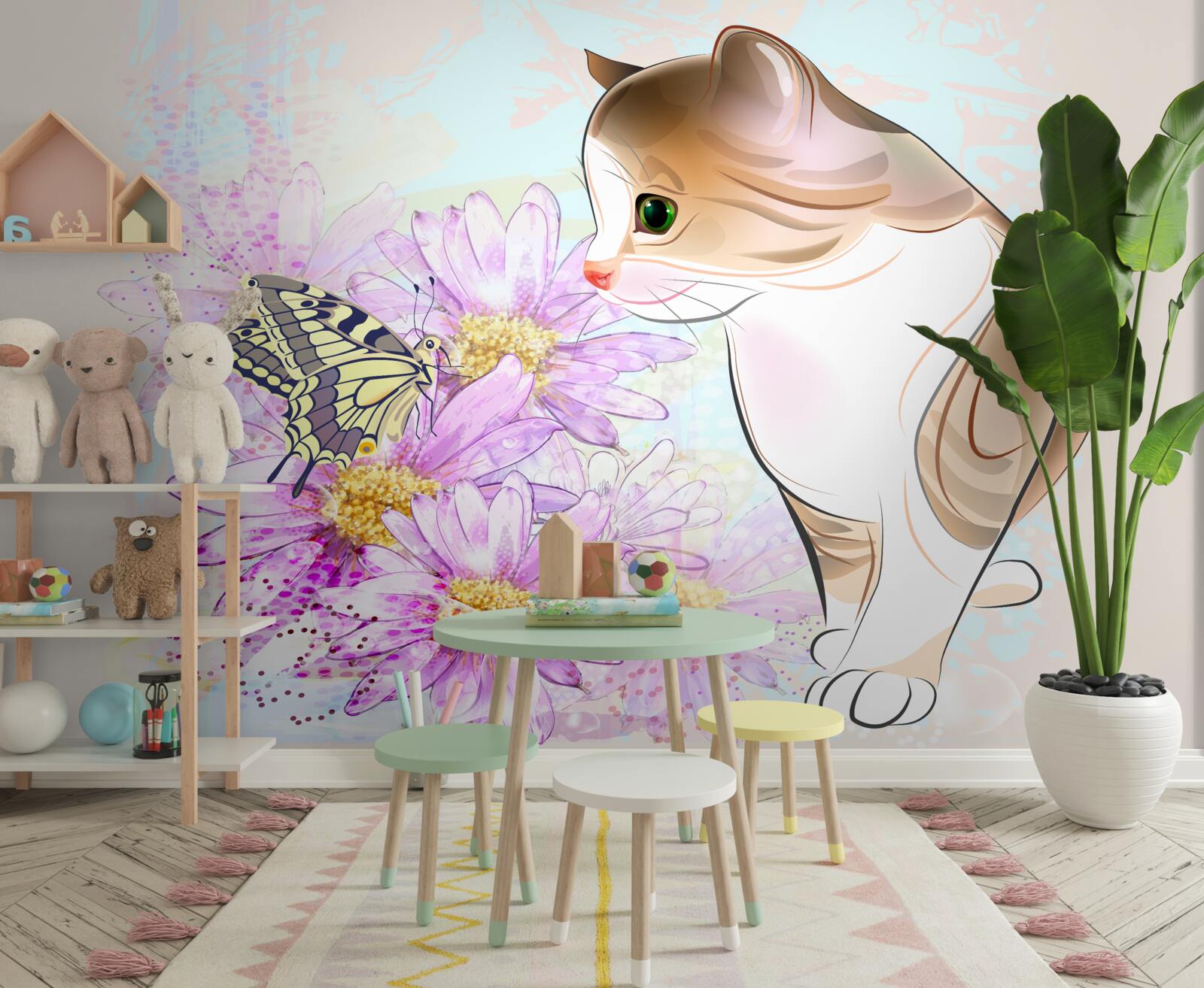 Papier peint le papillon a attiré l'attention du chat