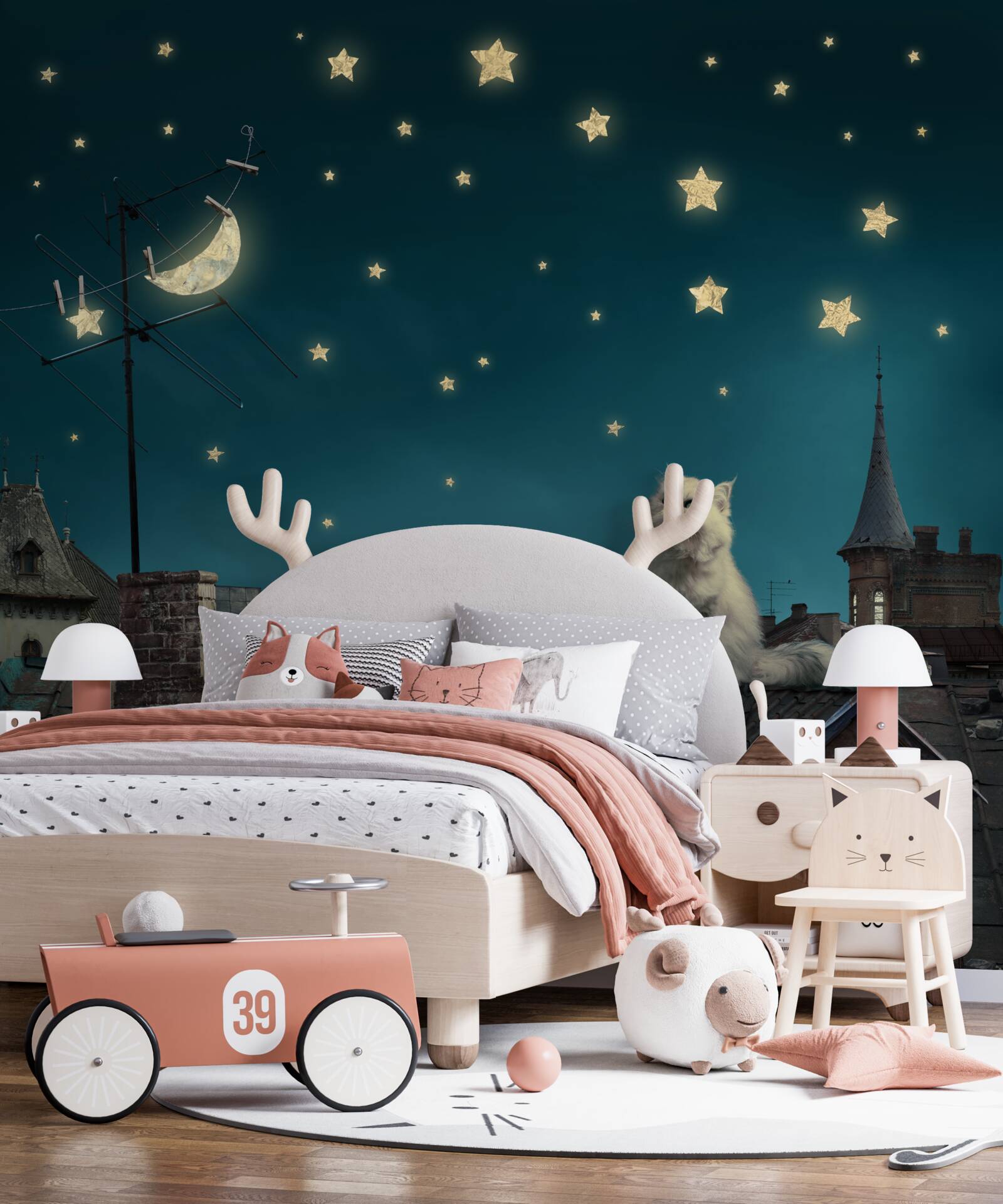 Papier peint la nuit, il y a un chat blanc sur le toit