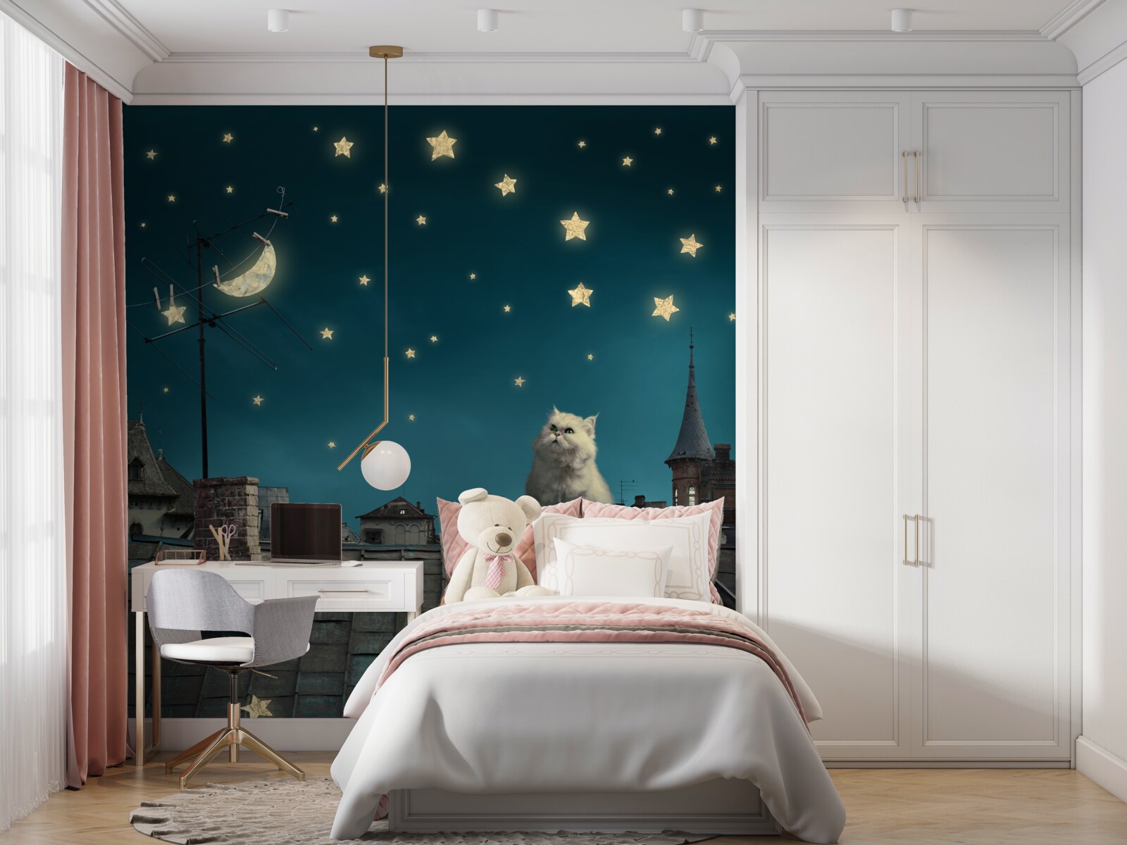 Papier peint la nuit, il y a un chat blanc sur le toit