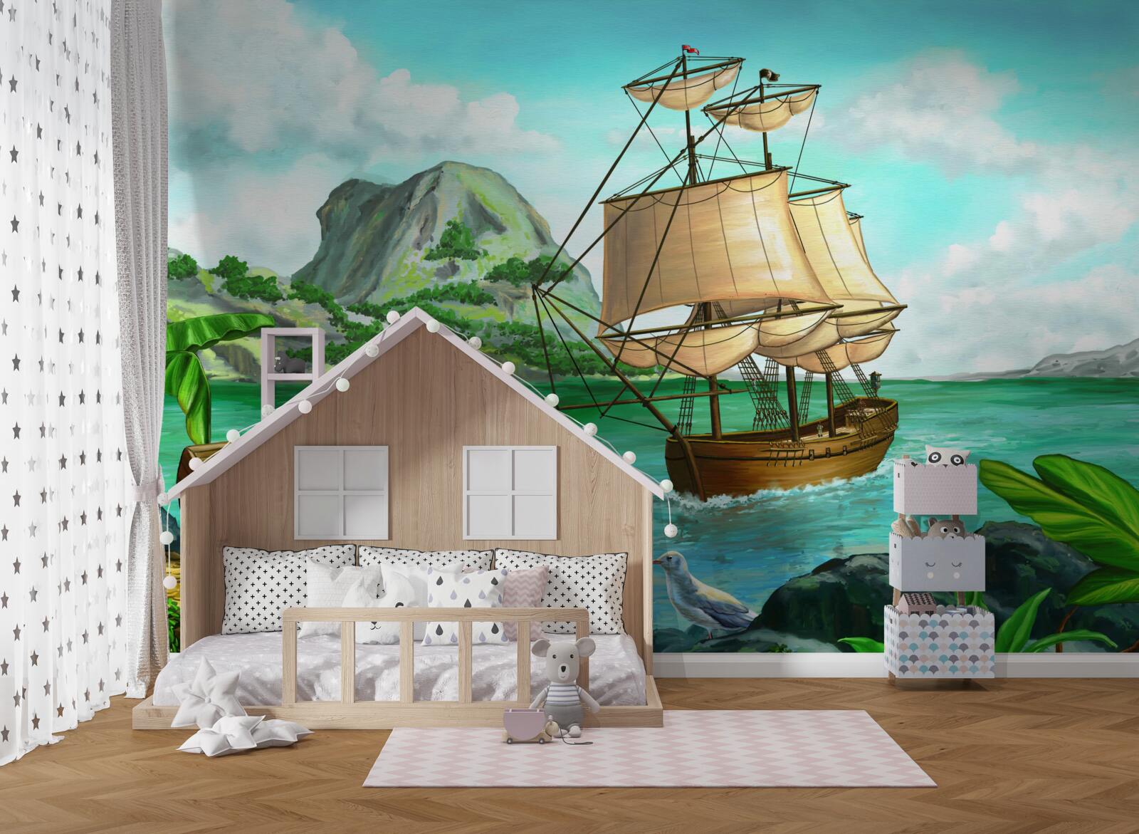 Papier peint trésor à bord d'un navire s'approchant de la côte