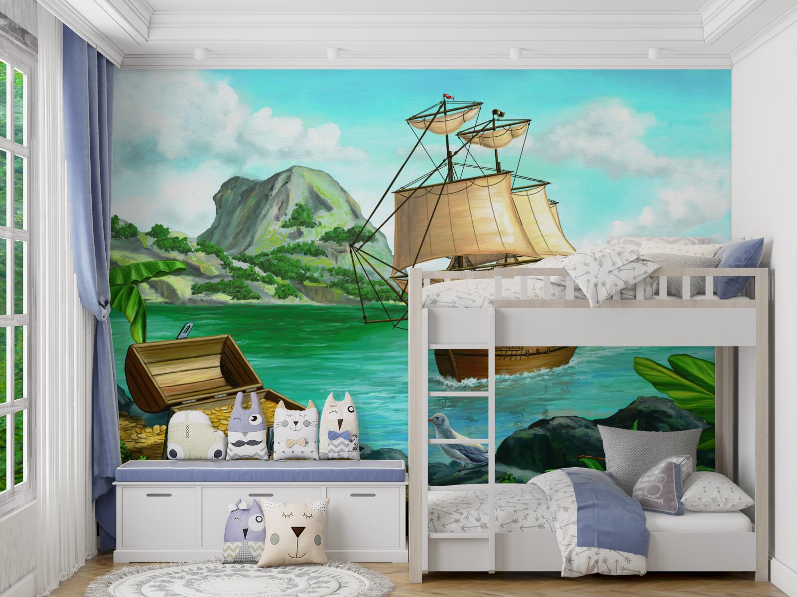 Papier peint trésor à bord d'un navire s'approchant de la côte