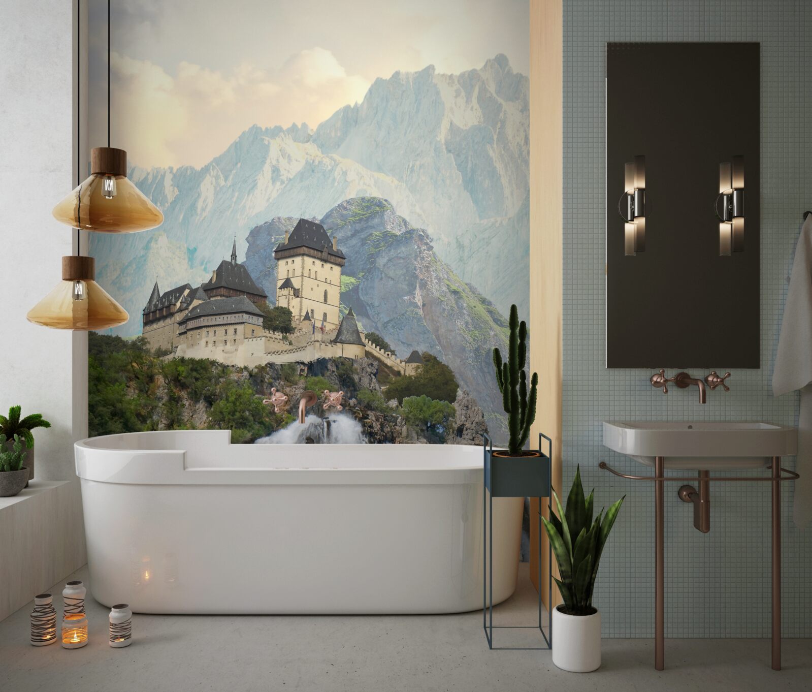 Papier peint karlštejn est un château situé dans les montagnes.