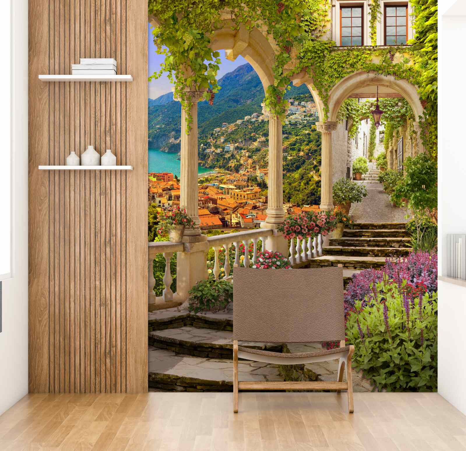 Papier peint terrasse au bord de la mer, entourée de fleurs