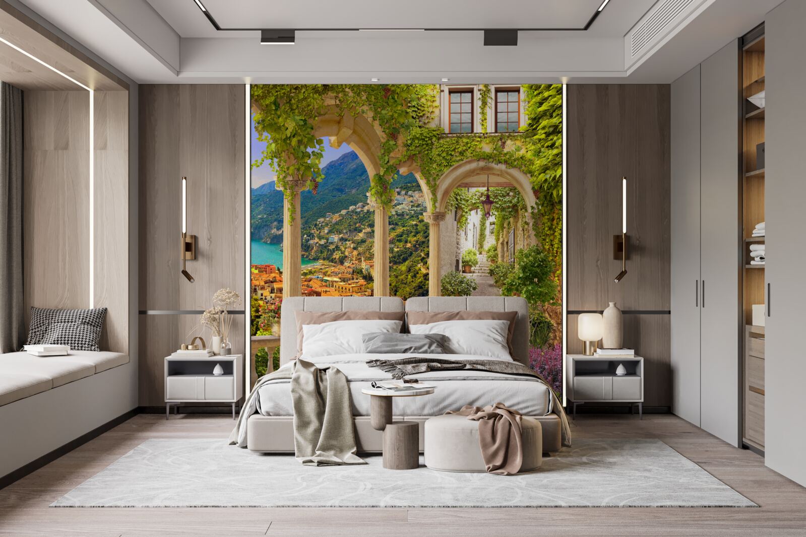 Papier peint terrasse au bord de la mer, entourée de fleurs