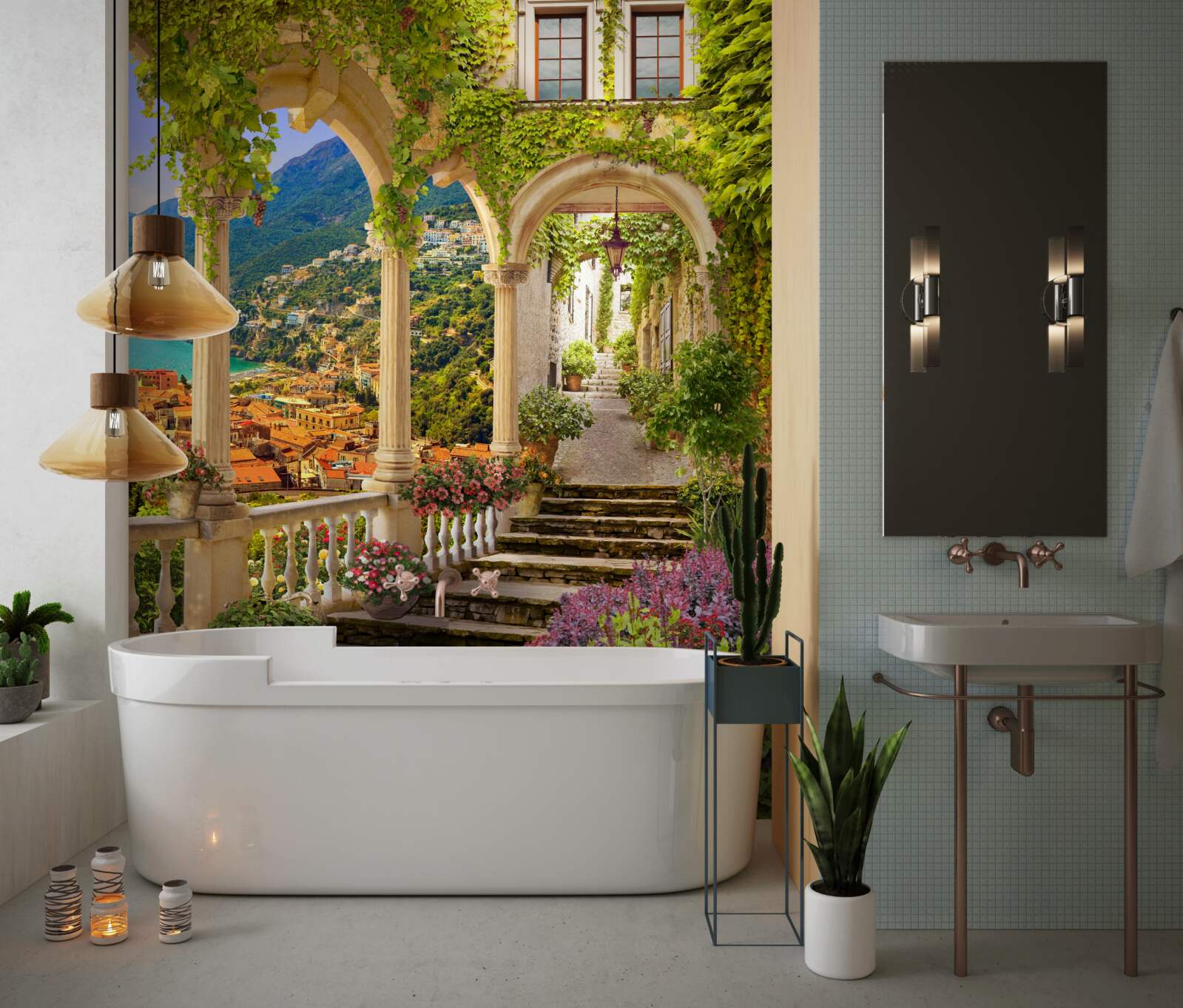 Papier peint terrasse au bord de la mer, entourée de fleurs