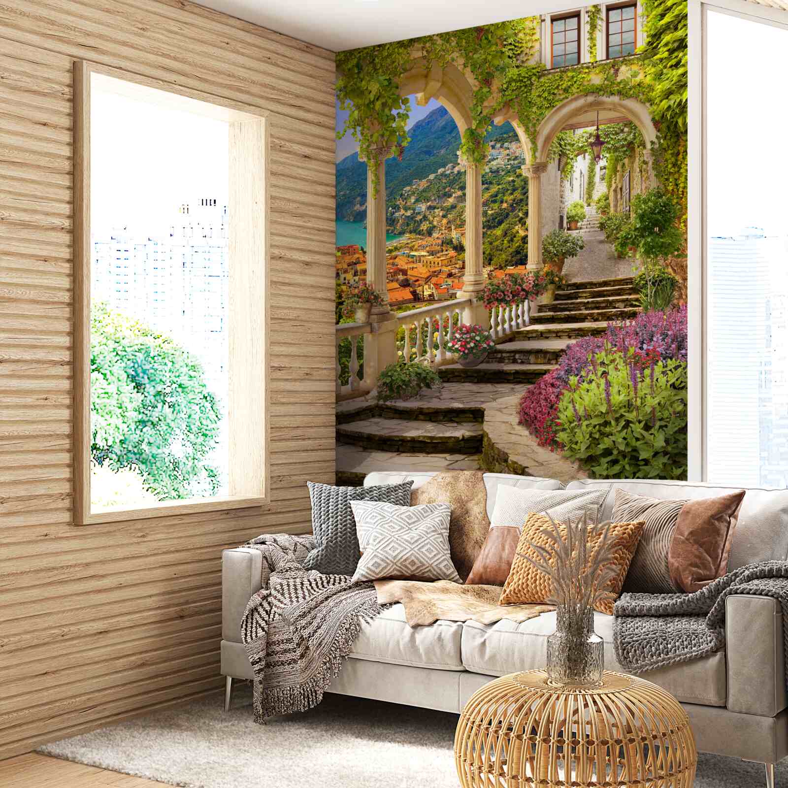 Papier peint terrasse au bord de la mer, entourée de fleurs