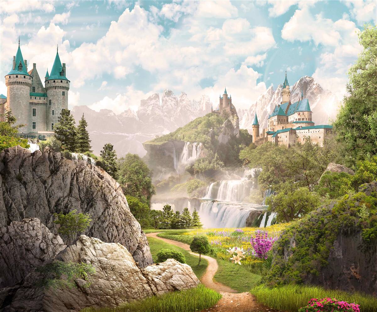 Papier peint vue sur les châteaux et les chutes d'eau