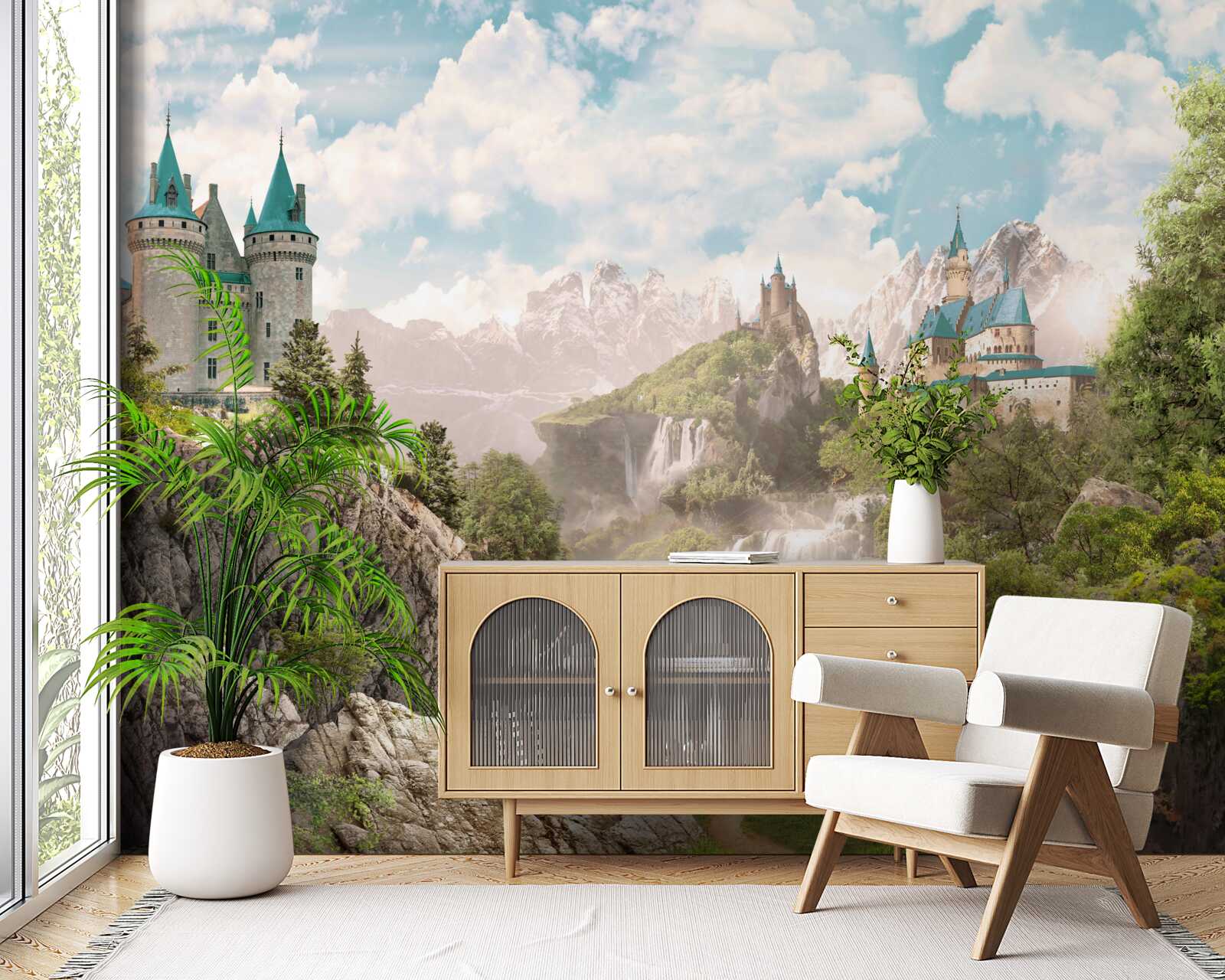 Papier peint vue sur les châteaux et les chutes d'eau