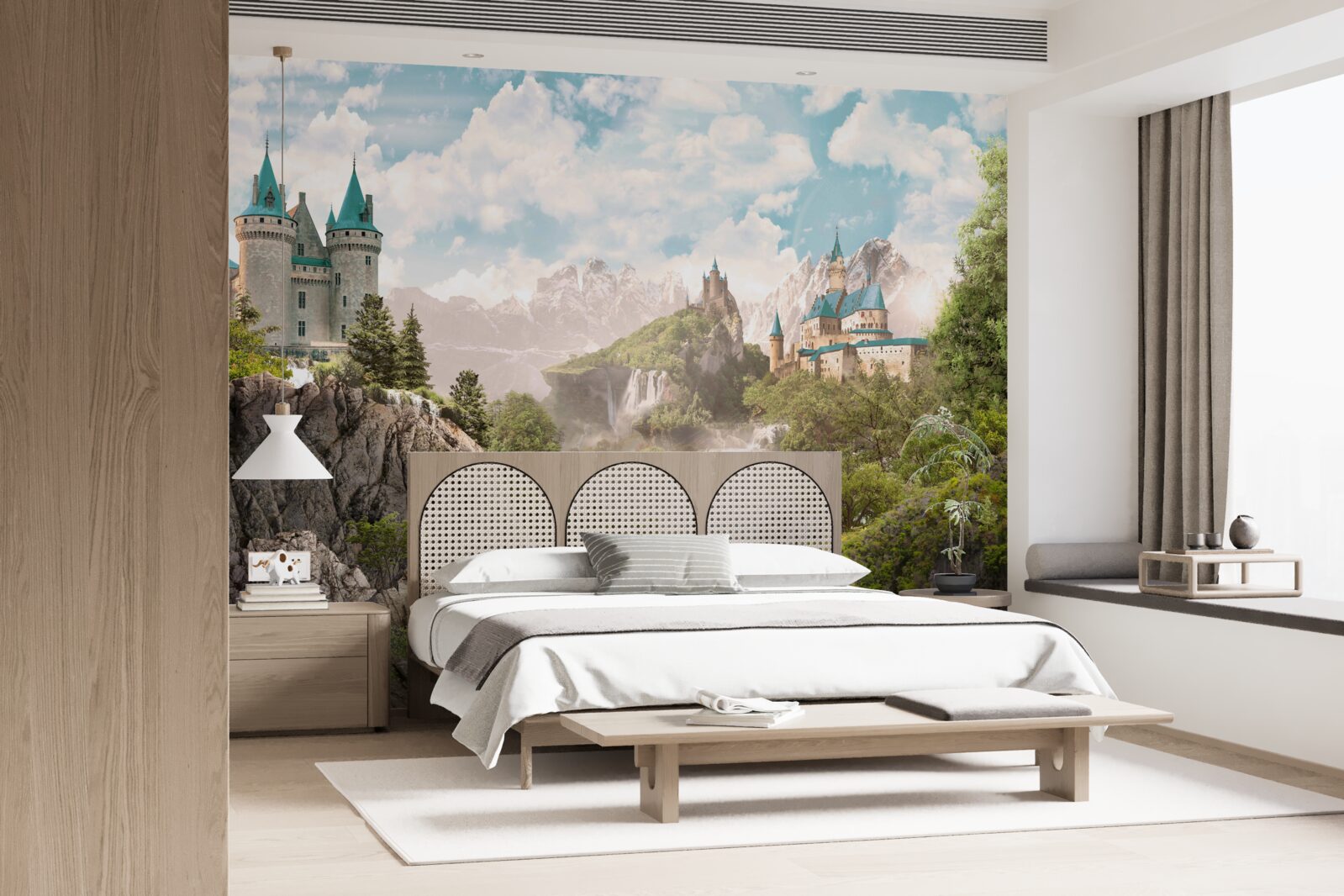 Papier peint vue sur les châteaux et les chutes d'eau