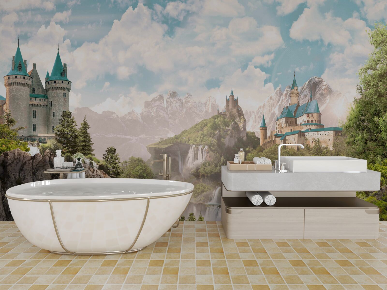 Papier peint vue sur les châteaux et les chutes d'eau