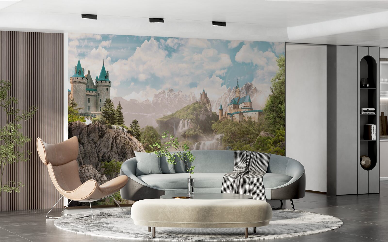 Papier peint vue sur les châteaux et les chutes d'eau