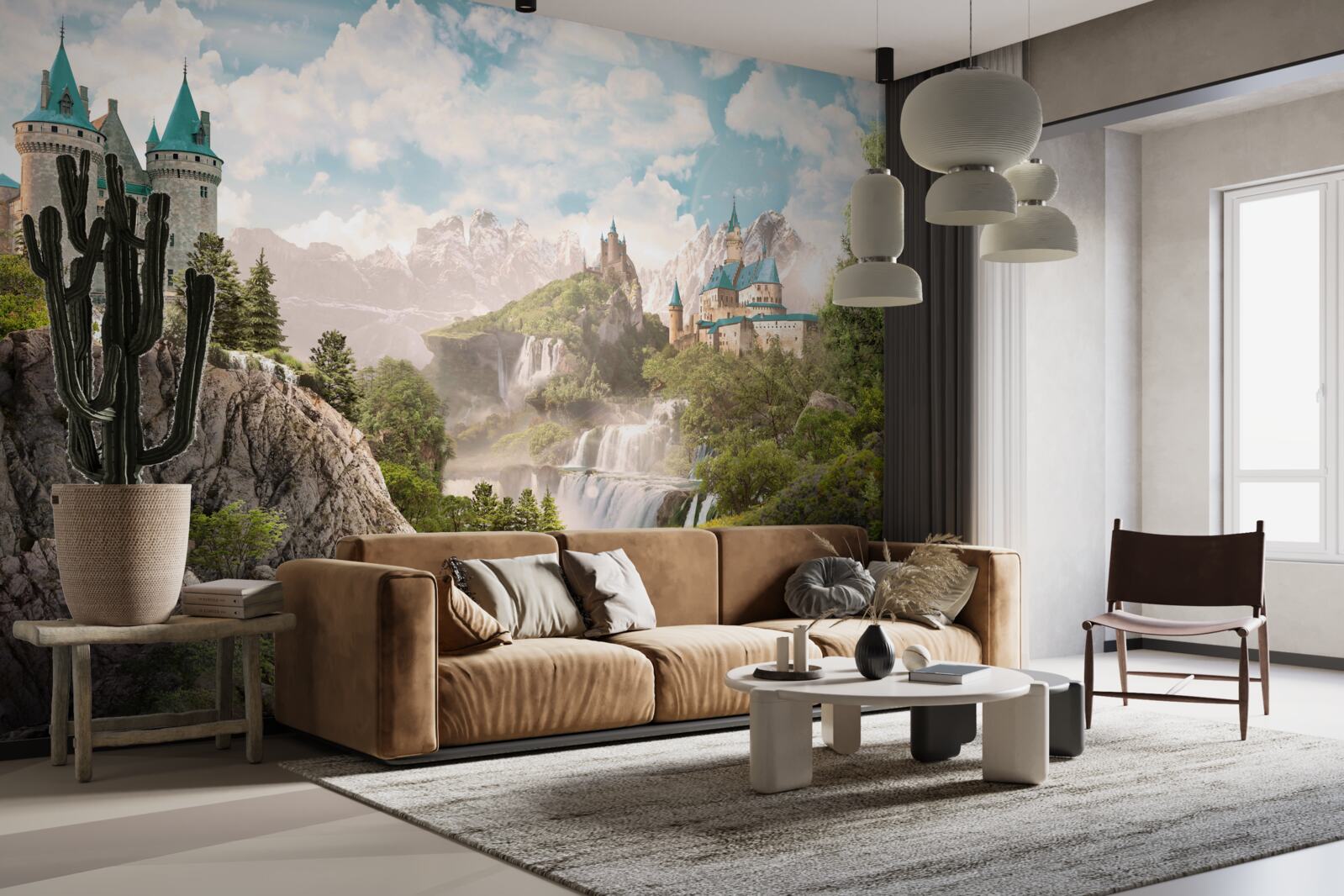 Papier peint vue sur les châteaux et les chutes d'eau