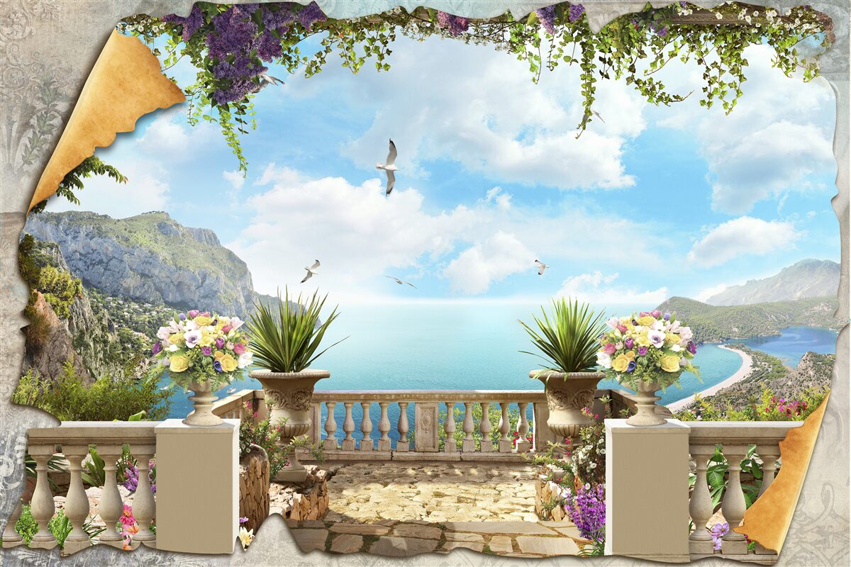 Papier peint vue panoramique sur la mer depuis le balcon