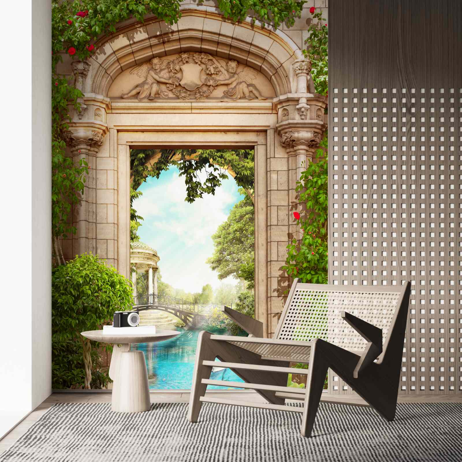 Papier peint panorama du belvédère et du lac avec des cygnes, s'ouvrant depuis l'arche