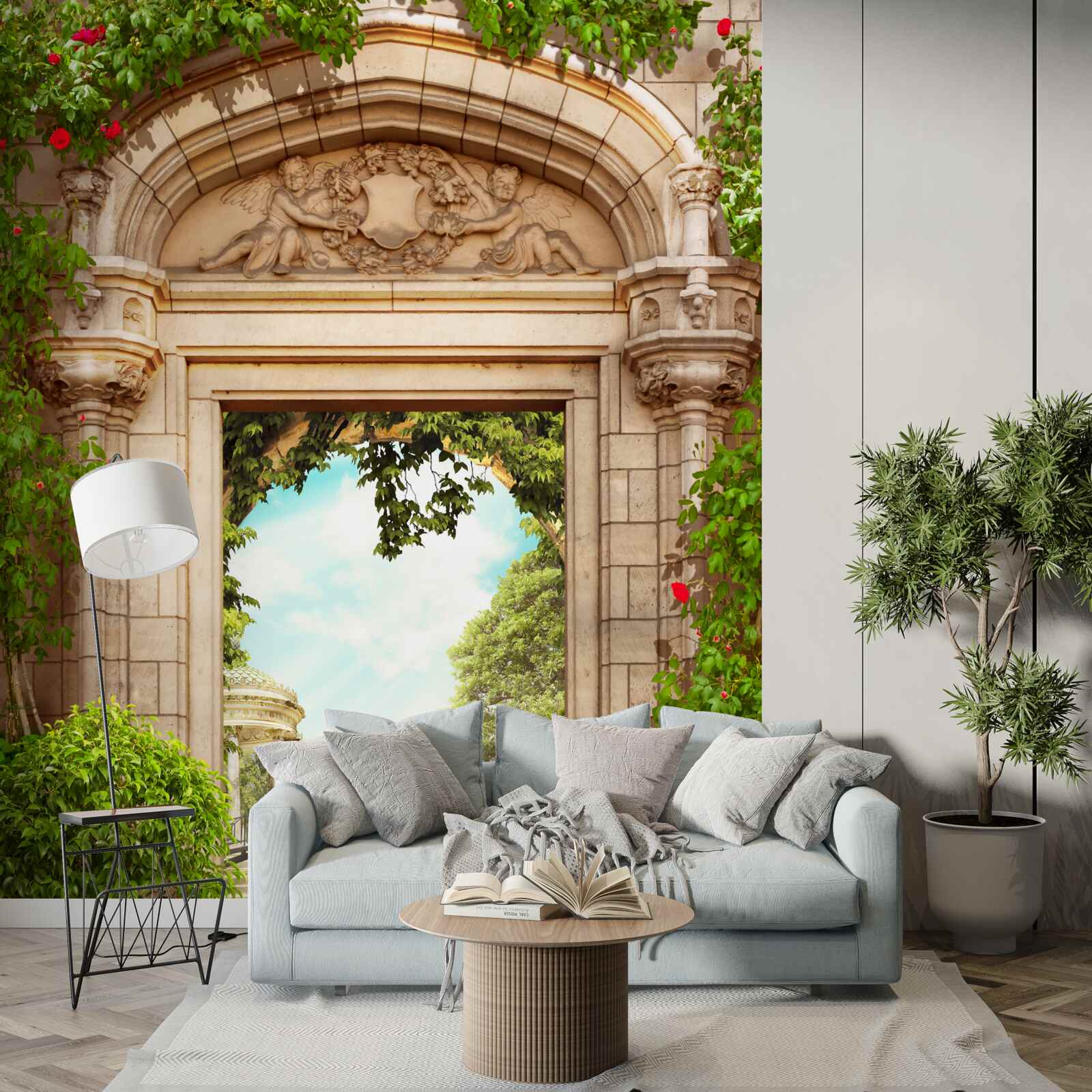 Papier peint panorama du belvédère et du lac avec des cygnes, s'ouvrant depuis l'arche