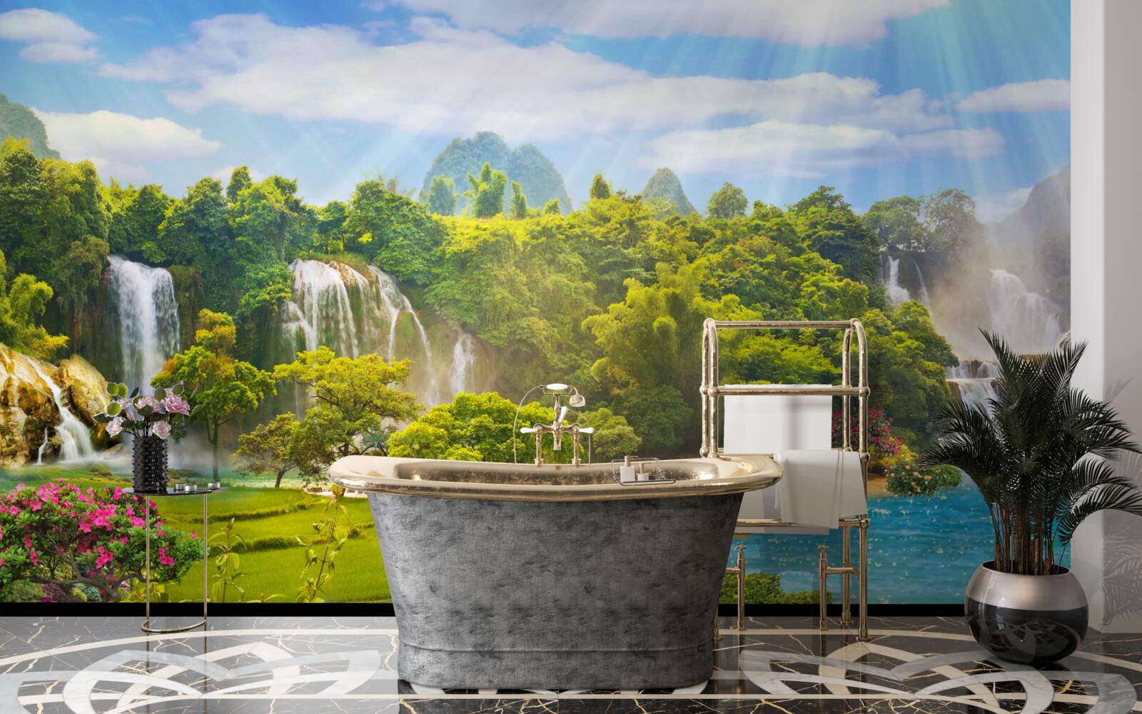 Papier peint bateaux près des cascades