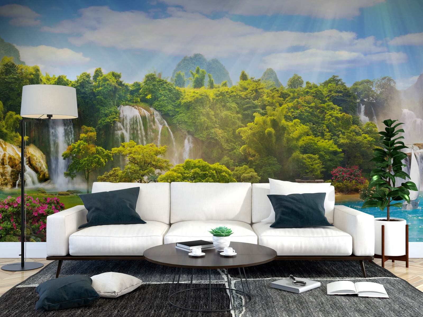 Papier peint bateaux près des cascades