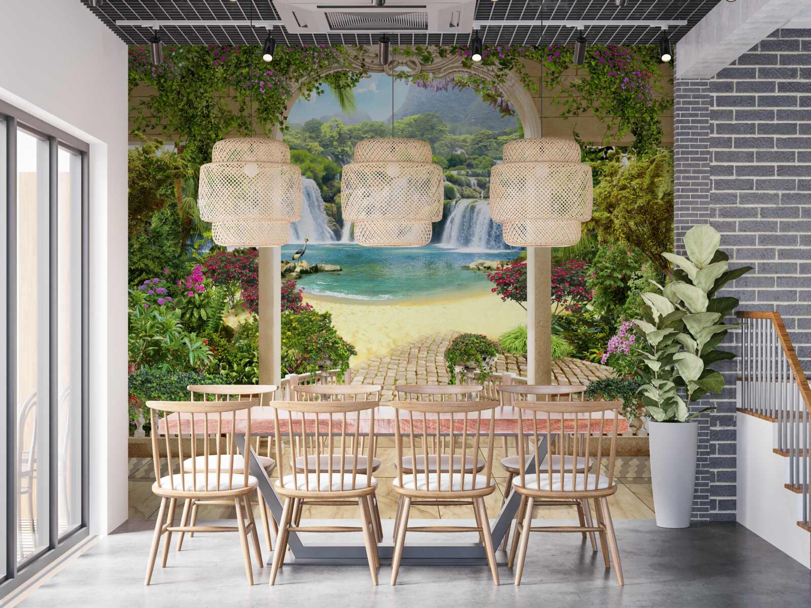 Papier peint vue de la cascade à travers l'arche