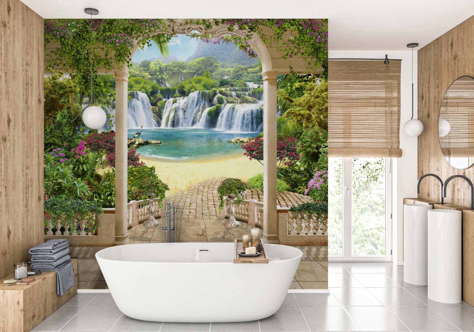 Papier peint vue de la cascade à travers l'arche