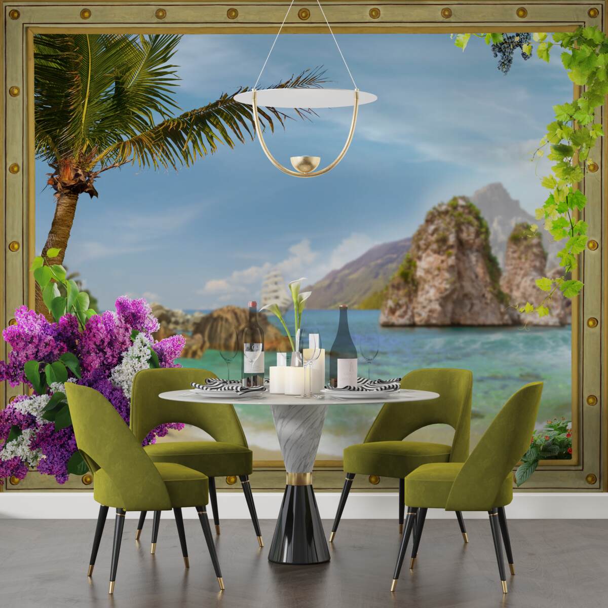 Papier peint le navire est entouré de rochers