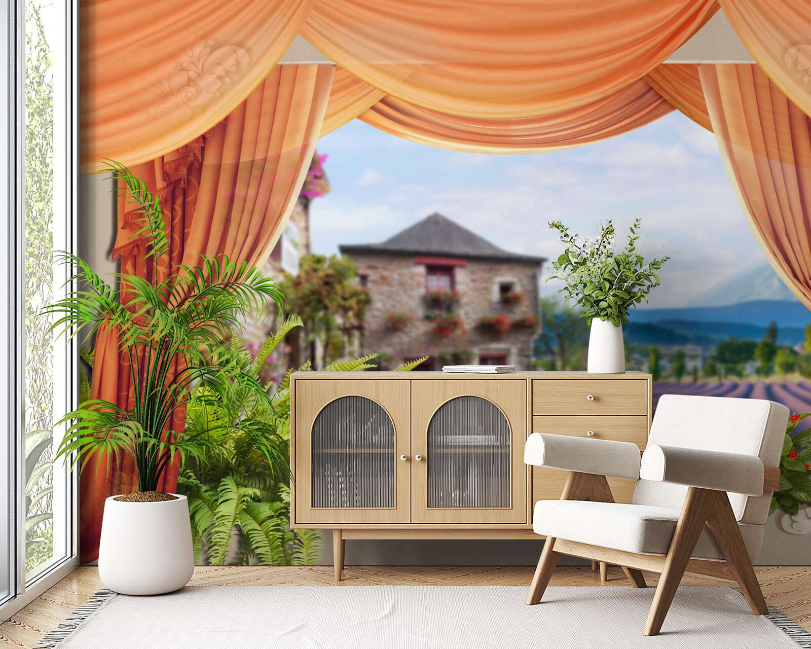 Papier peint panorama de l'ouverture de la lavande depuis la fenêtre