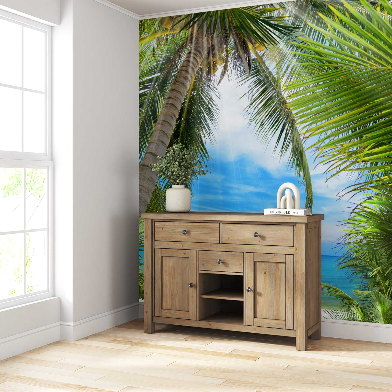 Papier peint chemin vers l'océan à travers les palmiers