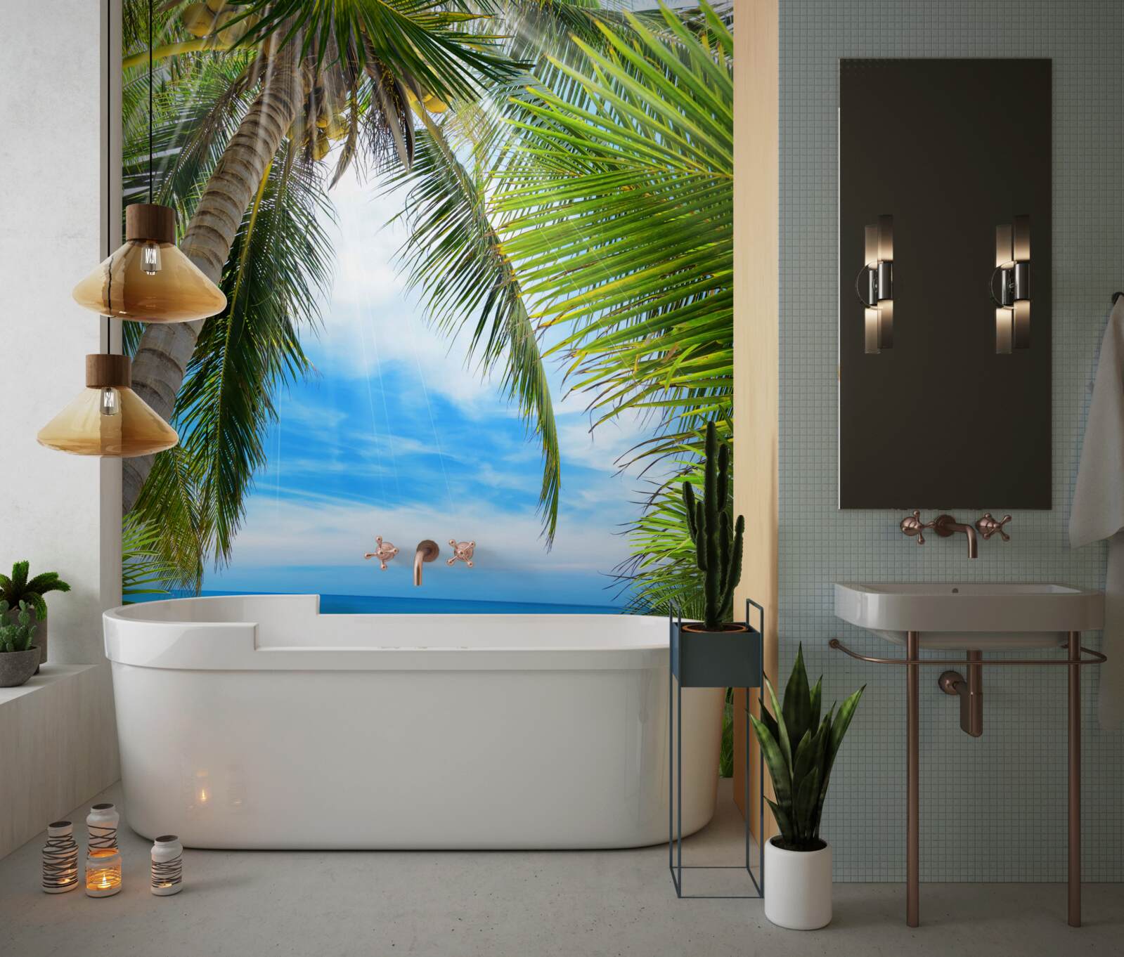 Papier peint chemin vers l'océan à travers les palmiers