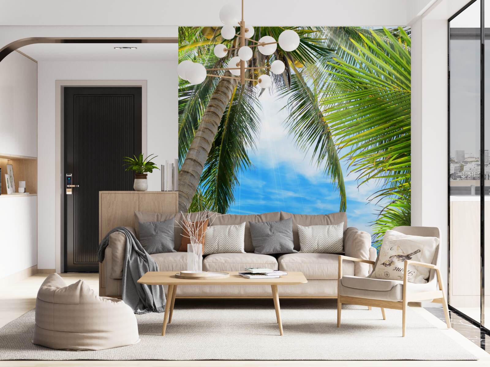 Papier peint chemin vers l'océan à travers les palmiers