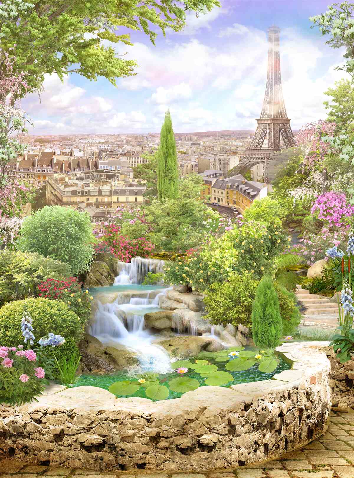 Papier peint jardin fleuri avec vue sur la tour eiffel