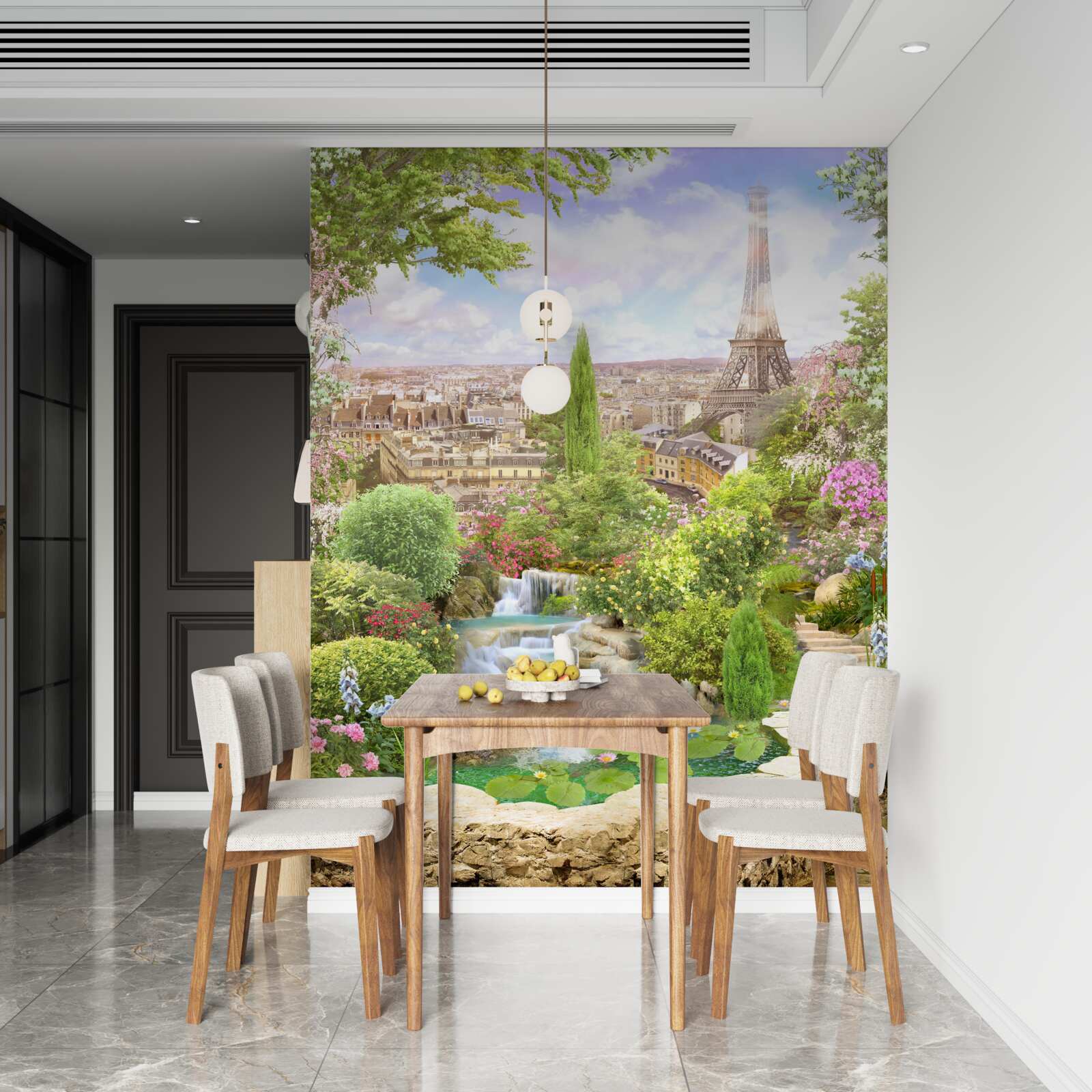 Papier peint jardin fleuri avec vue sur la tour eiffel