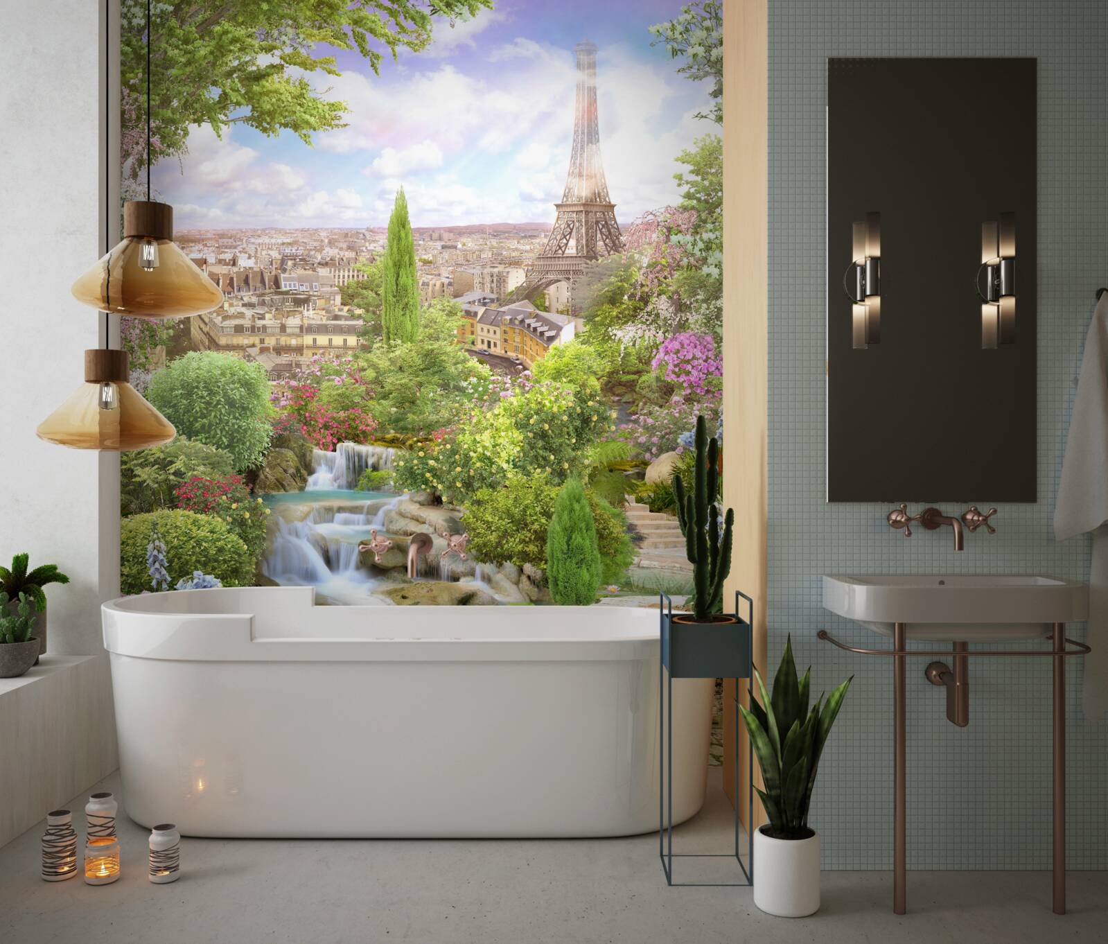 Papier peint jardin fleuri avec vue sur la tour eiffel