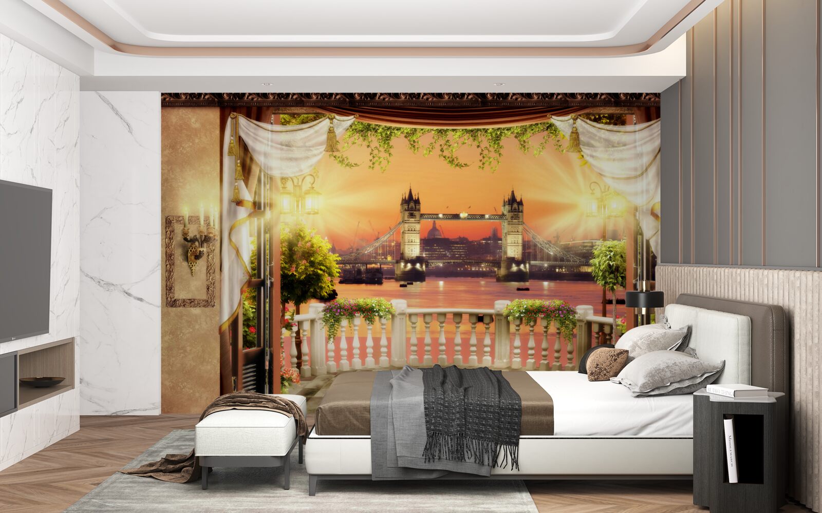 Papier peint vue du pont de londres depuis le balcon le soir